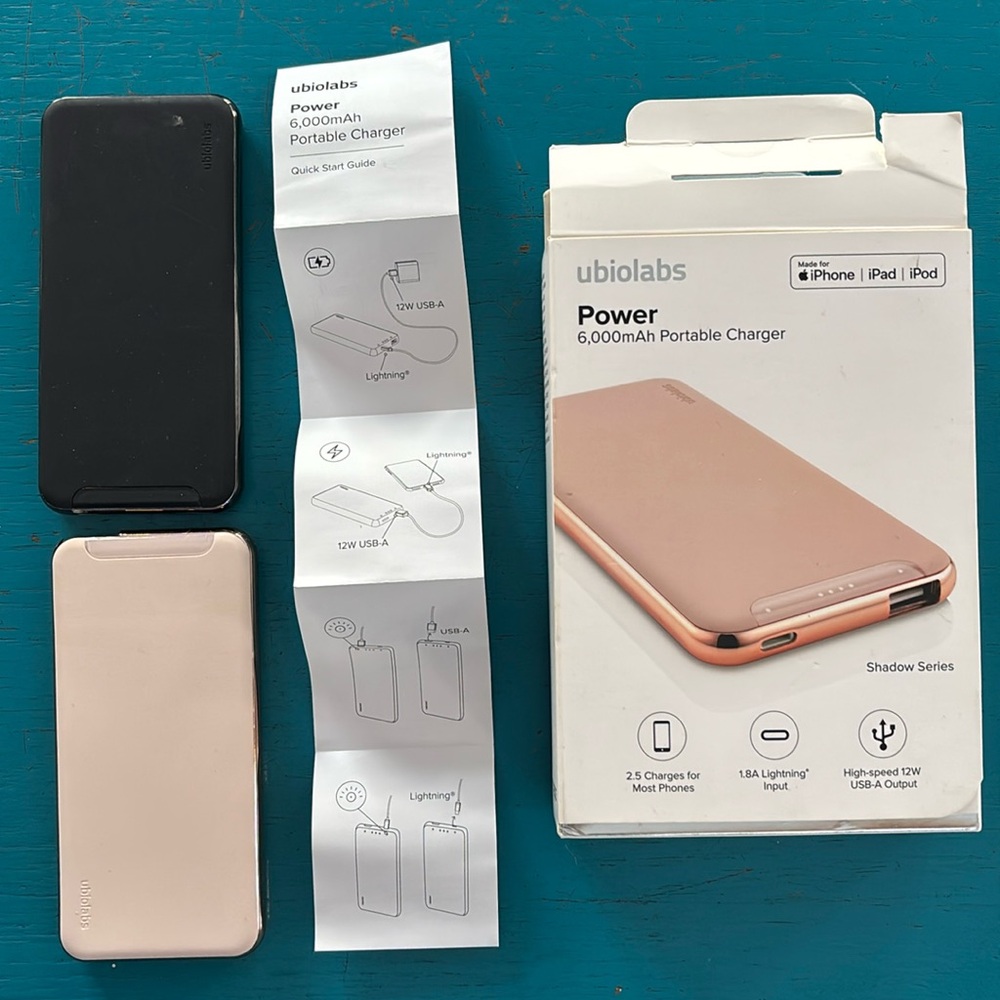 Portable phone chargers. (Two) 2 - 6,000mAh Shadow Series/ubiolabs. 5 1/4” each